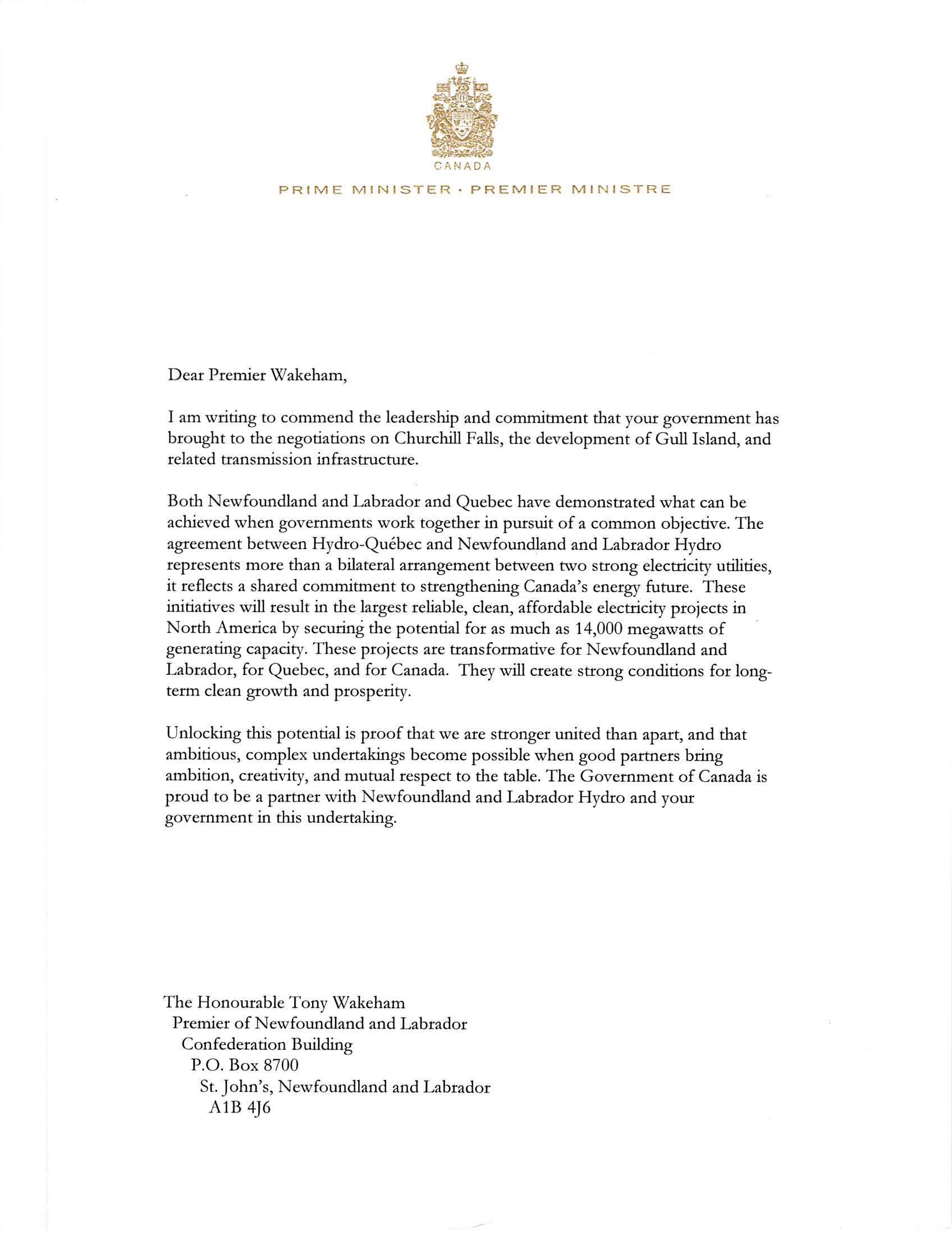 Letter from Prime Minister Mark Carney to Premier Wakeham – August 17, 2026