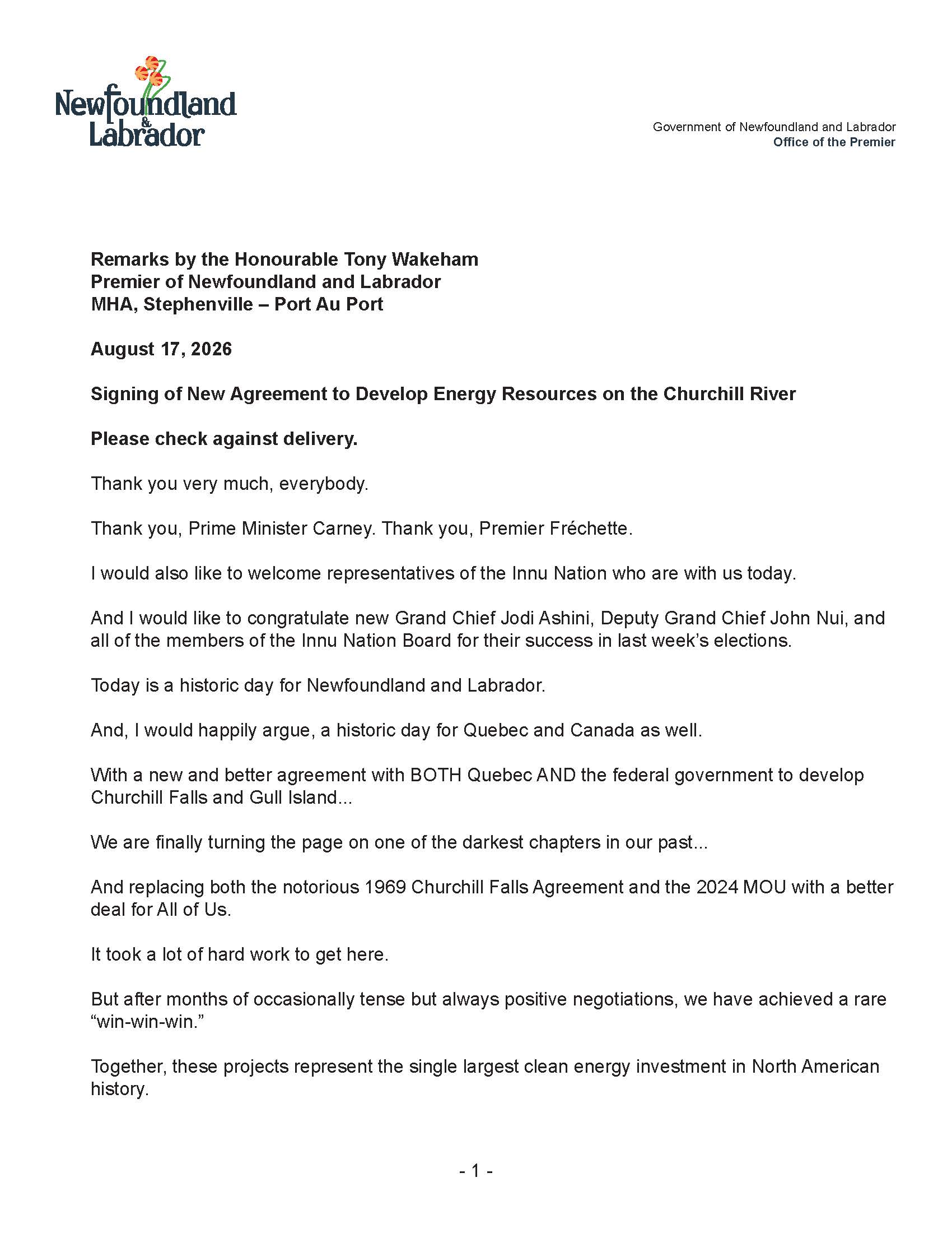 Premier’s Churchill Falls Announcement Speech